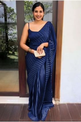 Satin Plain Neavy blue  Saree with Blouse SR26174