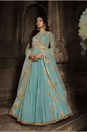 Anarkali Suit in Sky blue  Net with Embroidered AS3794