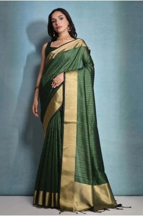 Printed Banarasi raw silk Green Saree SR26571
