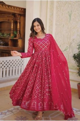 Gown Dress in Pink Faux georgette with Embroidered GW0775