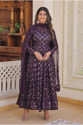 Wine  Embroidered Gown Dress in Faux georgette GW0776