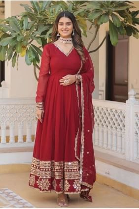 Maroon Embroidered Gown Dress in Faux georgette GW0777