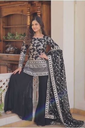 Black Sharara Suit in Embroidered Faux georgette SS1122