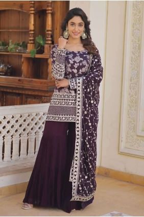 Faux georgette Sharara Suit with Embroidered in Wine SS1124