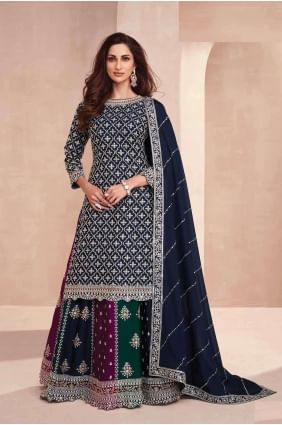 Chiffon Blue Sharara Suit in Embroidered SS1127
