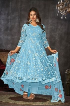 Net Anarkali Suit with Embroidered in Sku blue  SK154584