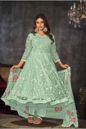 Embroidered Net Anarkali Suit in Light green  SK154585