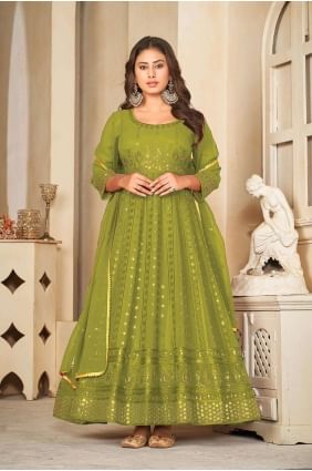 Georgette Anarkali Suit in Light green  with Embroidered AS3839