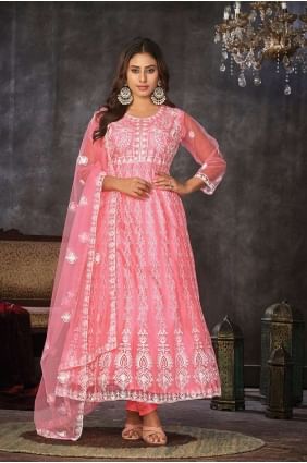 Anarkali Suit in Peach  Net with Embroidered AS3842