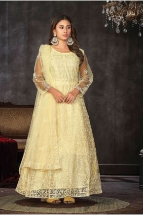 Anarkali Suit in Yellow Net with Embroidered AS3850