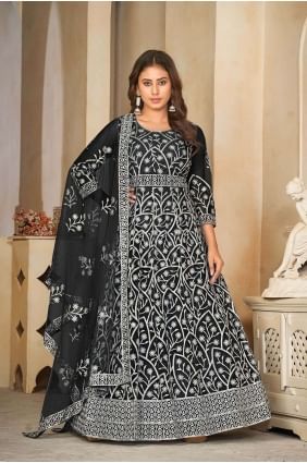 Black Embroidered Anarkali Suit in Net AS3853