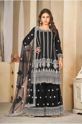 Georgette Anarkali Suit in Black with Embroidered AS3857