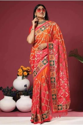 Saree in Orange Silk with Embroidered SR26598