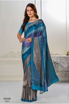 Blue Saree with Digital print crepe Silk SR26618