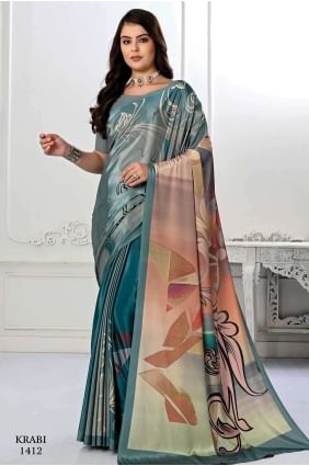 Teal blue  Saree Digital print Silk crepe SR26619