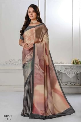 Digital print Silk crepe Saree in Grey n peach SR26622