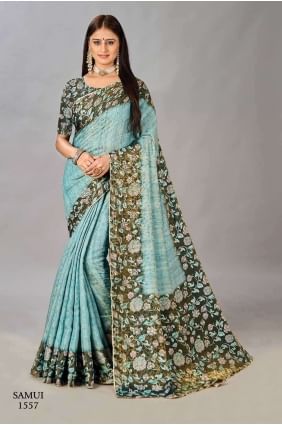 Digital print Silk  in Turquoise blue  Saree SR26624