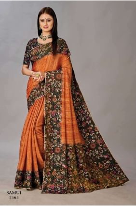 Saree Orange with Digital print Silk SR26632