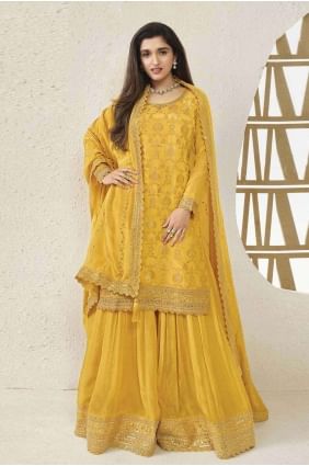 Embroidered Jacquard Yellow Sharara Suit with Dupatta SS1136