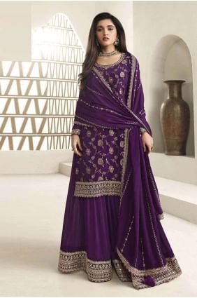 Purple Sharara Suit in Jacquard with Embroidered SS1138