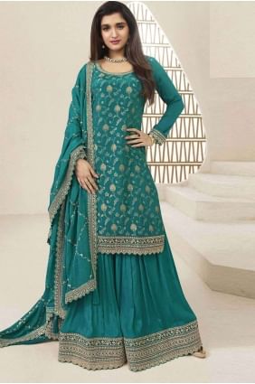 Sky blue Sharara Suit in Jacquard with Embroidered SS1139