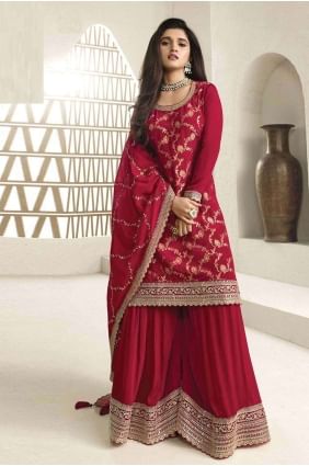 Embroidered Jacquard Sharara Suit in Red SS1140