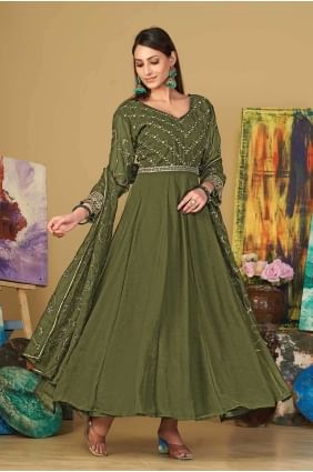 Georgette Anarkali Suit in Light green  with Embroidered AS3859