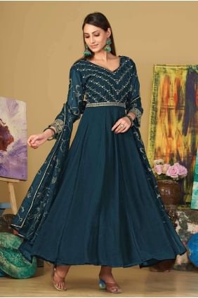 Turquoise blue  Embroidered Georgette Anarkali Suit AS3865