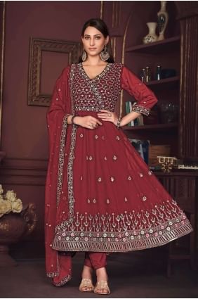 Georgette Anarkali Suit in  maroon with Embroidered AS3867