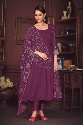 Purple Anarkali Suit in Embroidered Georgette AS3880