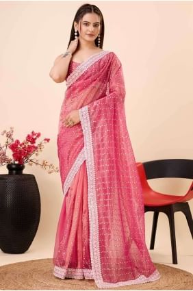 Embroidered Net Saree Pink  with Blouse SR26752