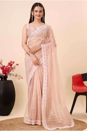 Peach Net Saree in Embroidered SR26754