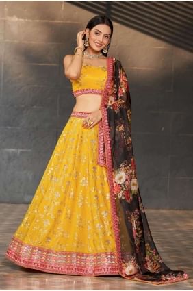 Sequins Georgette Lehenga Choli in Yellow with Dupatta LC7717