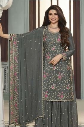 Grey Palazzo Suit with Embroidered Chiffon PZ3962