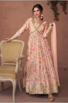 Embroidered Anarkali Suit in Peach Organza AS3888