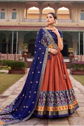 Tussar silk Orange Printed Lehenga Choli with Dupatta LC7731