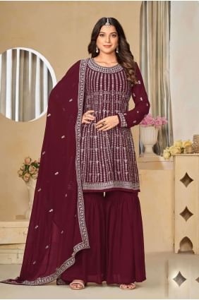 Maroon Embroidered Faux georgette Palazzo Suit PZ3970
