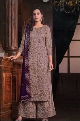 Mauve  Net Embroidered Palazzo Suit with Dupatta PZ3971