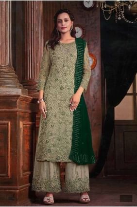 Green Embroidered Palazzo Suit in Net PZ3972
