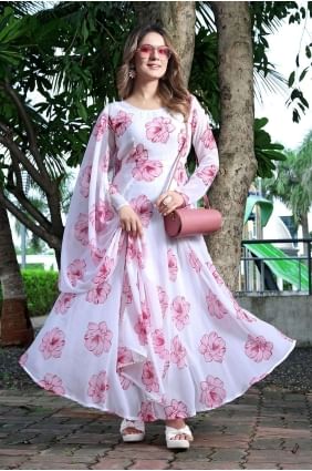 Faux georgette Gown Dress in White with Printed GW0810