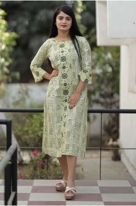 Printed Cotton Olive  Kurti with Dupatta KTI2386