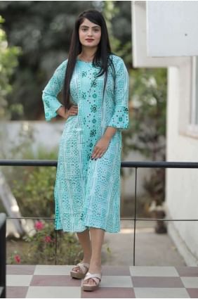 Kurti in Sky blue Cotton with Printed KTI2387