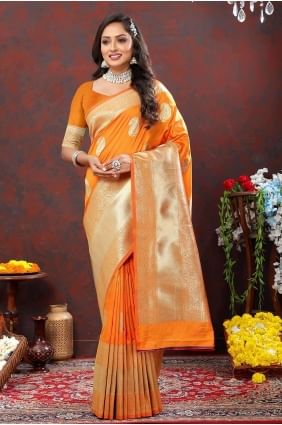 Saree in Orange Silk Weaving SR26866