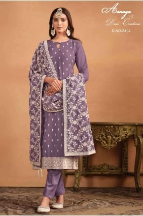 Lavender  Embroidered Straight Pant Suit in Net SK154152