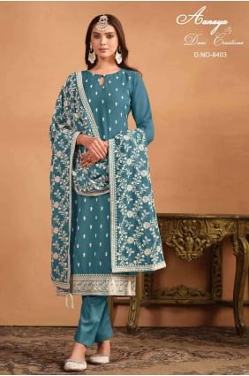 Embroidered Net Straight Pant Suit in Teal  with Dupatta SK154153