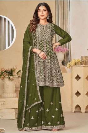 Embroidered Palazzo Suit in Mahendi  Chiffon PZ3988