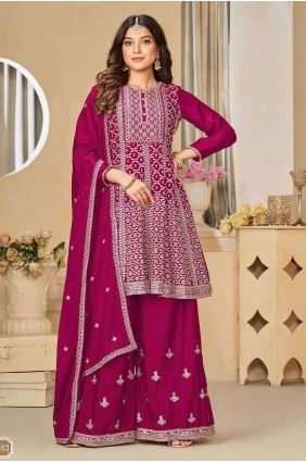 Magenta  Embroidered Palazzo Suit in Chiffon PZ3989