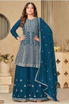 Teal blue Embroidered Chiffon Palazzo Suit PZ3990