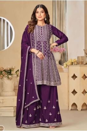 Wine  Palazzo Suit in Chiffon with Embroidered PZ3991