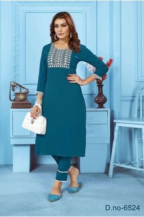 Cotton Teal blue Straight Pant Suit in Printed SK154169